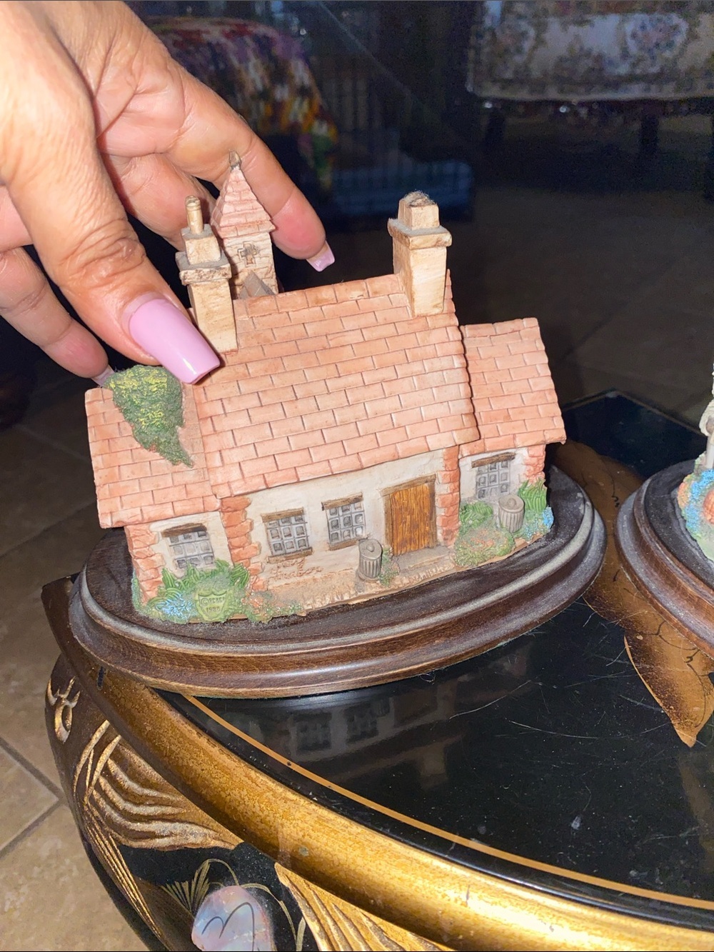 Vintage Hand-Painted Ceramic Cottage Dome Decor in Tan and Green Pair of 2 - Picture 6 of 11